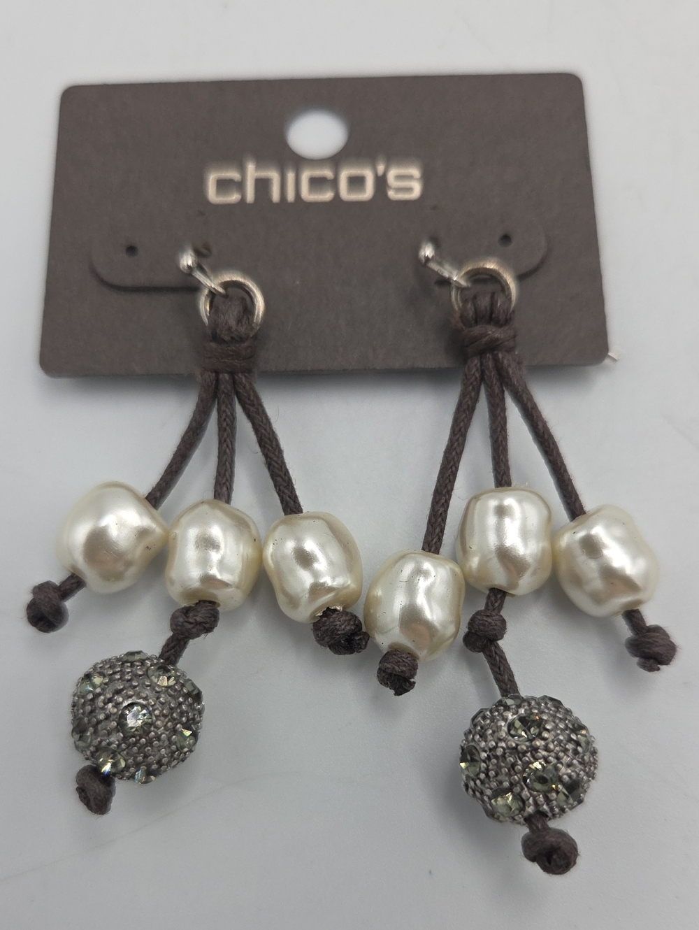 Chico's Hetti Cluster Brown Cord Earrings with Pearl Drops and Pave Beads